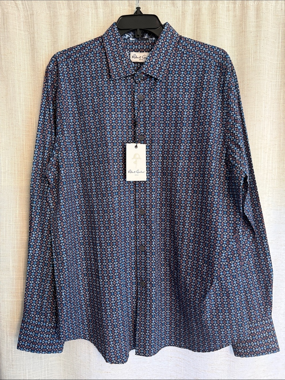 NWT - Men’s L- Robert Graham Navy and Light Blue Printed Button-Down Shirt